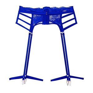 Blue Lace Strappy Garter Belt Fishnet Back NWT M/L